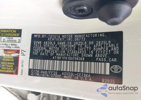 2013 Toyota Camry Se из США, поврежденный, VIN 4T1BF1FK1DU708368